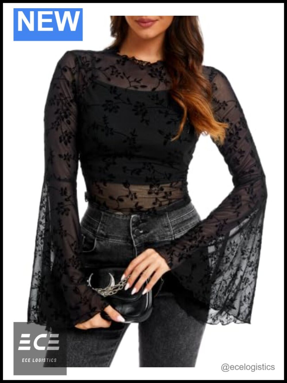 Women's Sheer Lace Mesh Two-Piece Top with Camisole, Bell Sleeve, Crop